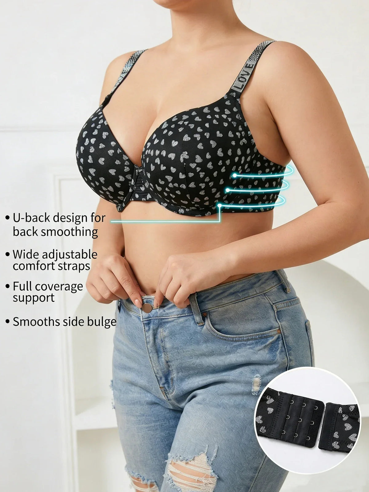 Plus Size B C D Thin Cup Women's Bra Wide Straps Push up Bra Stylish Heart & Rhinestone Comfy Side Bulge Control Underwire Bra