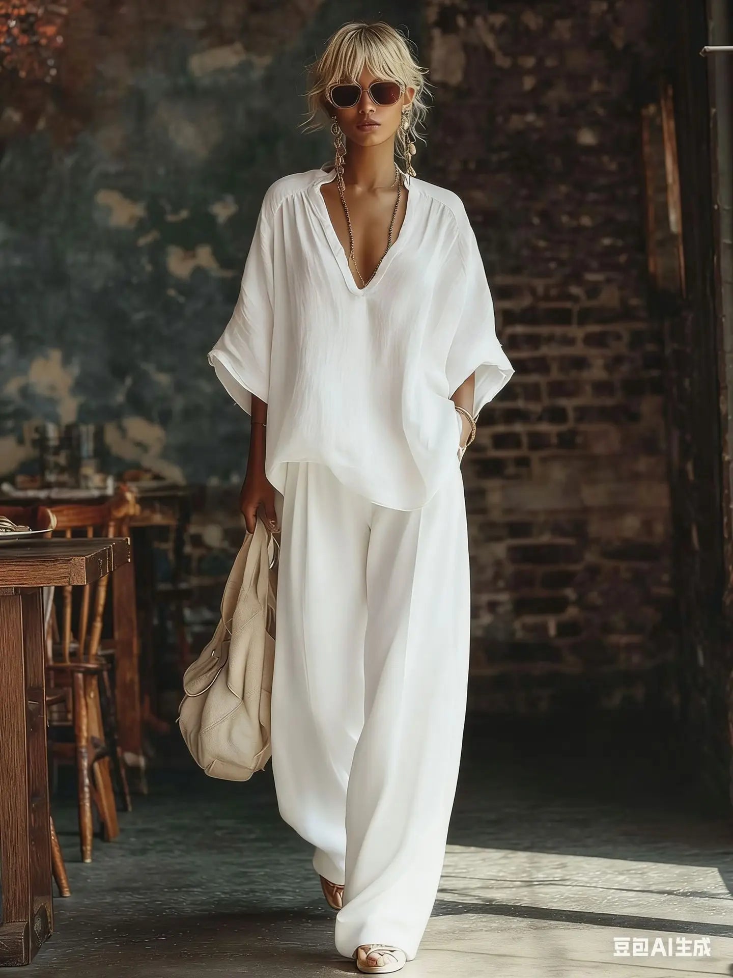 Fashion V Neck Short Sleeve Top Suit Women's Set Spring Summer Loose Blouse Top Wide Leg Trousers Female Vacation 2 Piece Set