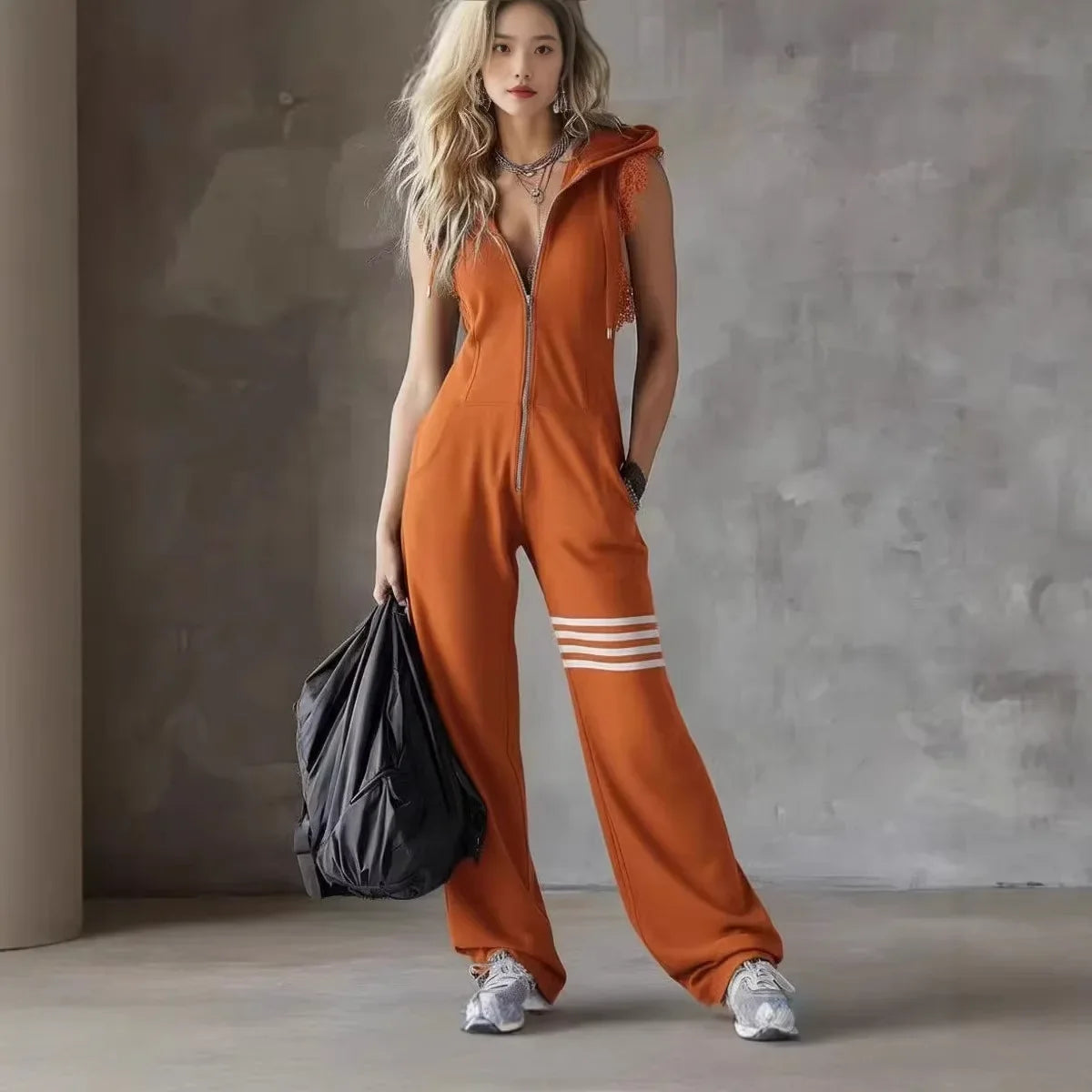 Women’s Retro Stripe Hooded Lace Jumpsuit