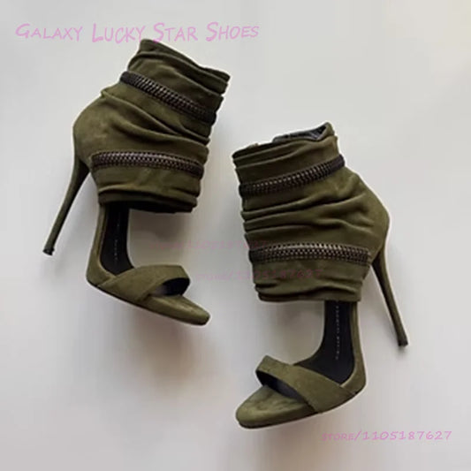 Dark Emerald Green Suede Ankle Wrap Sandals Women Open Stiletto Heel Round Toe Hot Chick Heels Metal Zip Cool Street Style Shoes