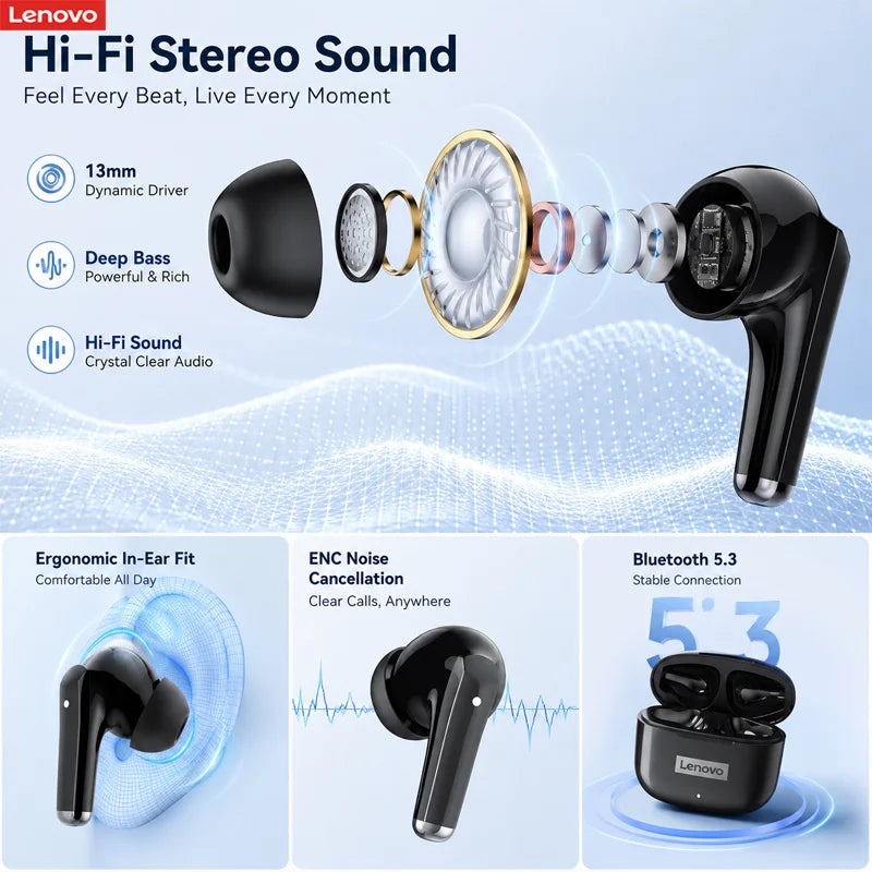Lenovo LP40 Pro TWS Bluetooth 5.4 Wireless Headphones HiFi Stereo Earphones Gaming Sports Touch Control HD Call With Mic Earbuds
