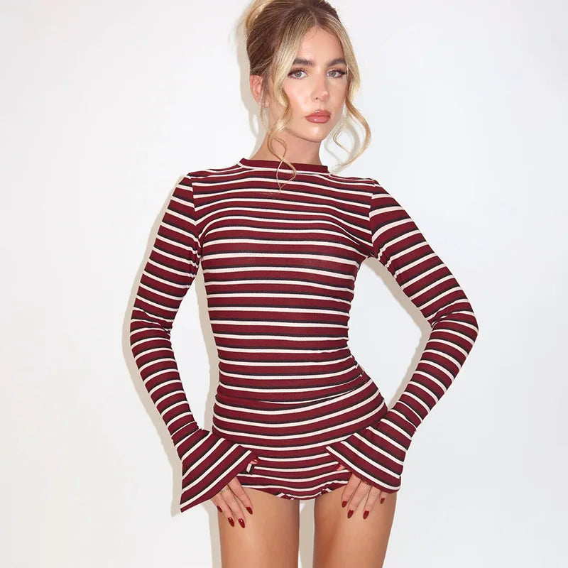 Slim Fit Striped Jumpsuit Women's New 2026 High Neck Long Sleeved Flared Cuffs Elastic Shorts Burgundy White Striped Casual Wear