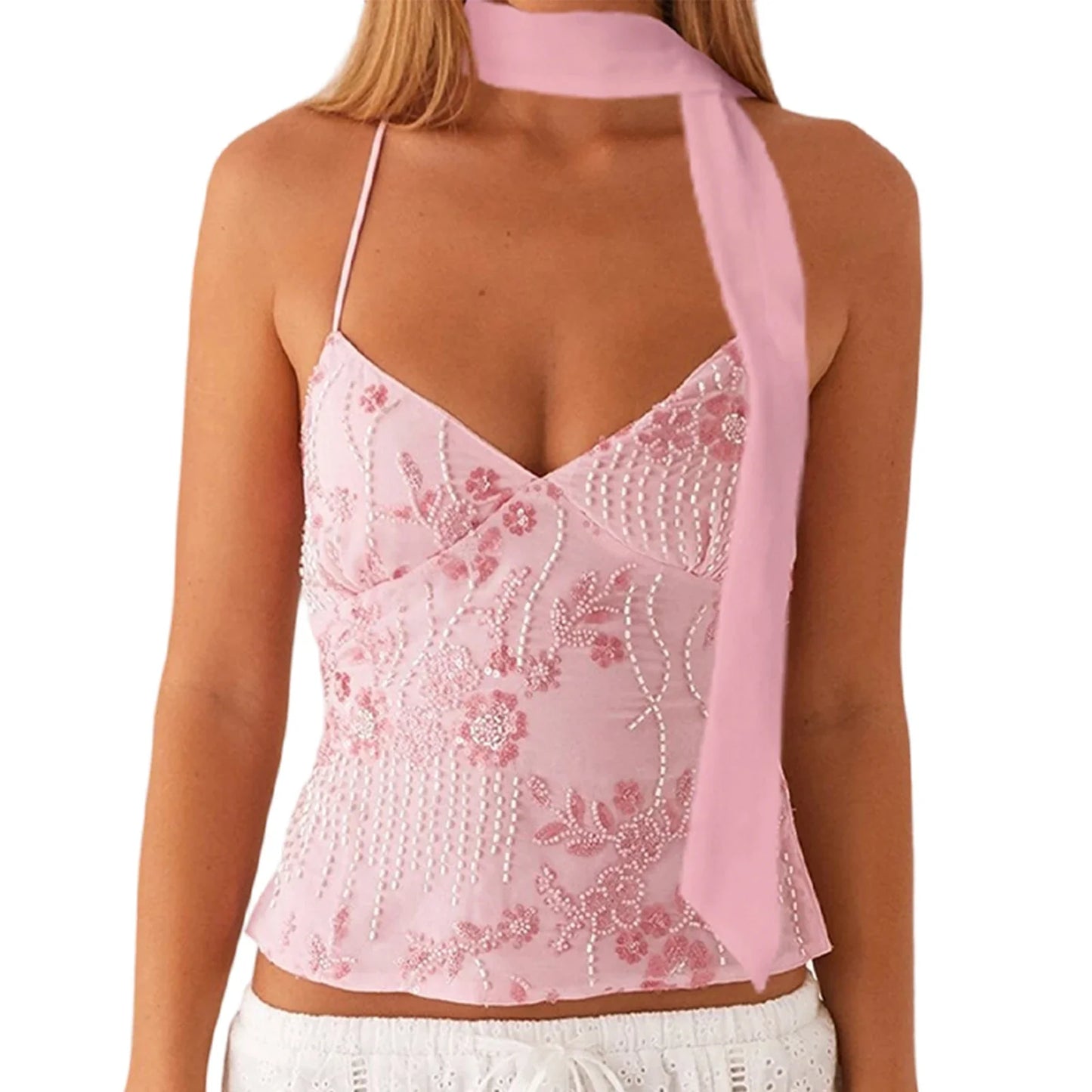Women Camisoles Sequins Beaded Flower Embroidery V-Neck Casual Camis Tops Summer Fashion Sleeveless Crop Tops with Choker Scarf