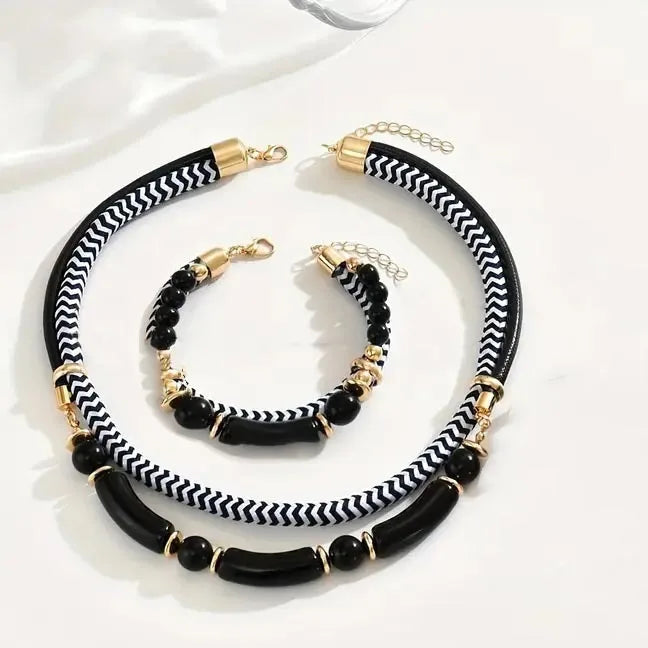 2PCS Set New Fashion Black and White Thick Double Line Metal Tube
