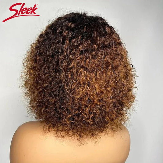 Pelucas de cabello humano Pixie Bob corto con flequillo, rizadas Jerry, hechas a máquina, resaltado rubio miel, pelucas de color para mujer