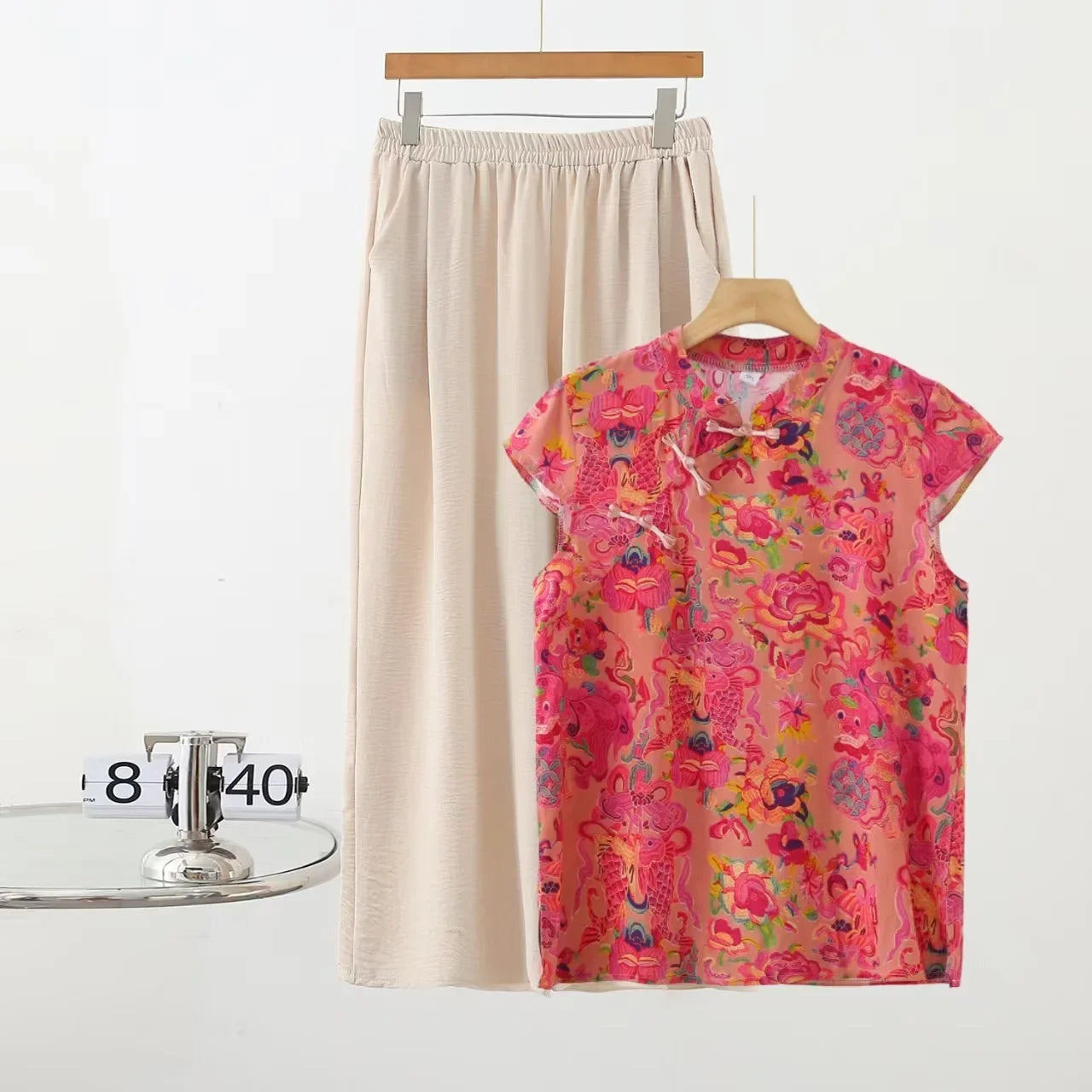 Summer Cotton-silk blend Cheongsam 2 Pcs Set Loose Short Sleeve Frog Closure Tops and Wide leg Pants New Chinese Style Plus size