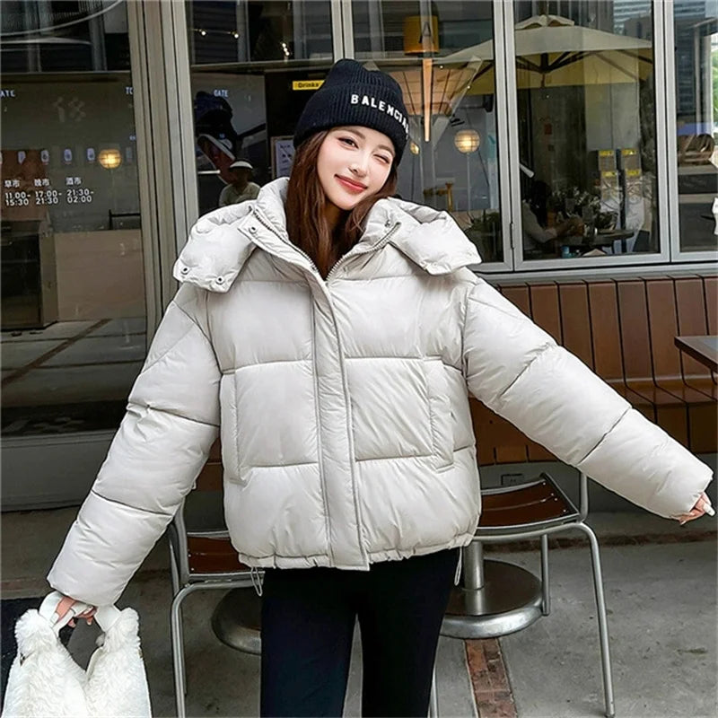2026 Winter Women Thicke Cotton Coat Loose Hooded Puffer Jacket New Cropped Down Cotton Padded Coat  Female Parkas Outwear