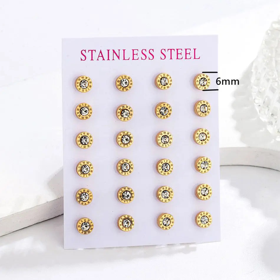 12 Pairs Pack Stainless Steel Round Shape Cubic Zircon Roman Numeral