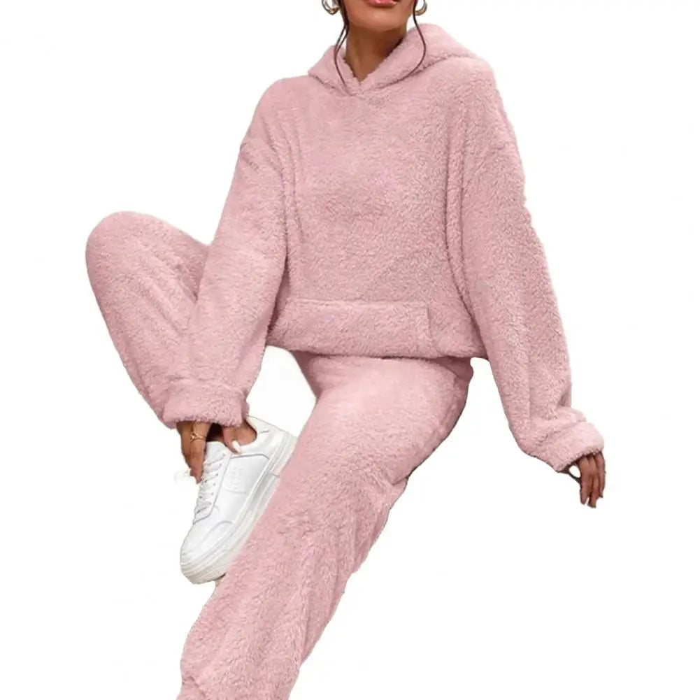 Women's Fuzzy Fleece Pajamas Set Winter Plush Pullover Hoodies And Pants Lounge Set Fluffy 2 Piece Sleepwear