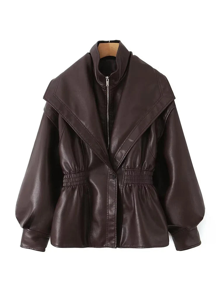 Ailegogo New Spring Autumn Women Vintage Loose Elastic Waist Zipper Black Faux Leather Jacket Outwear