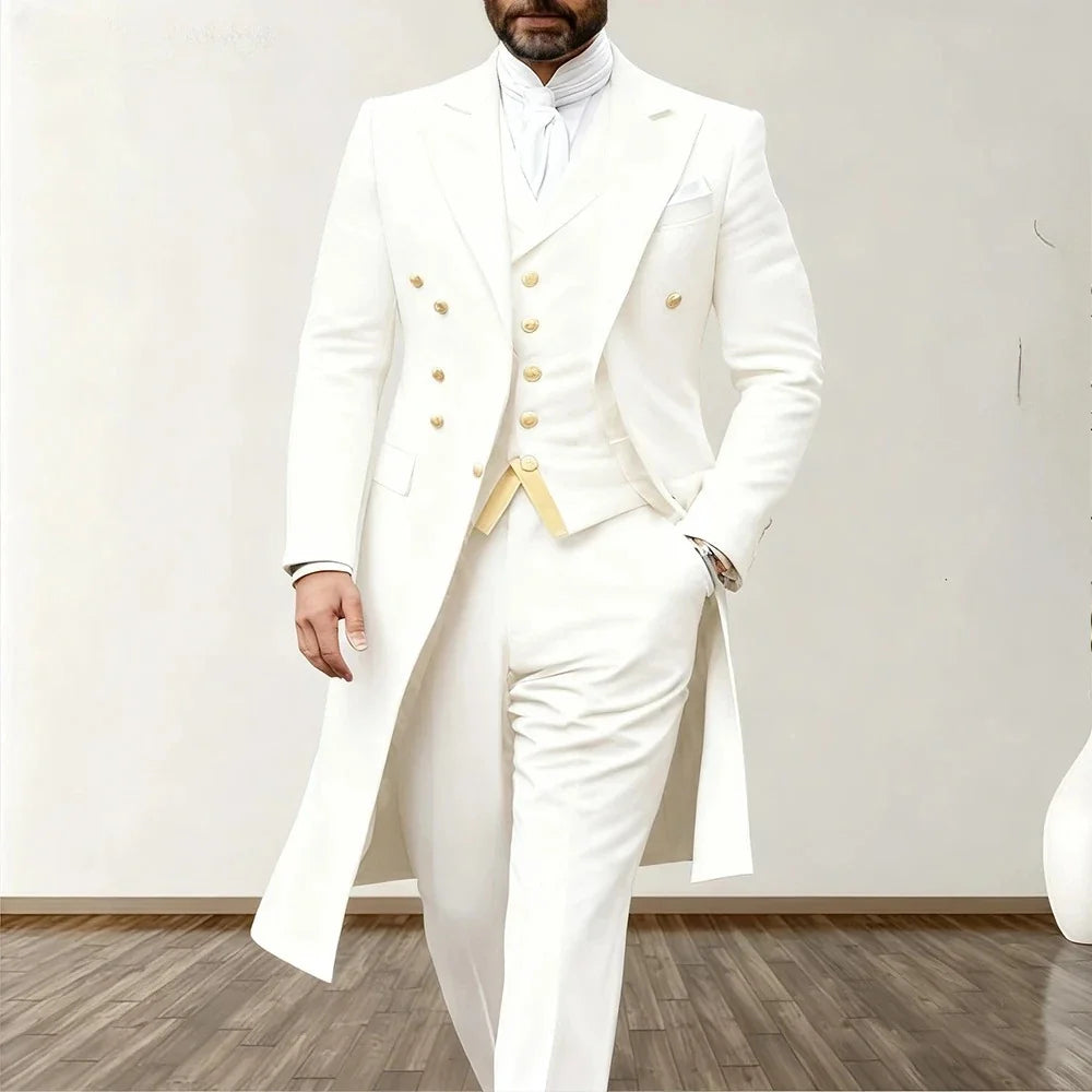 Blue Men Wedding Suits 3 Piece Long Blazer Vest Pants Satin One Button
