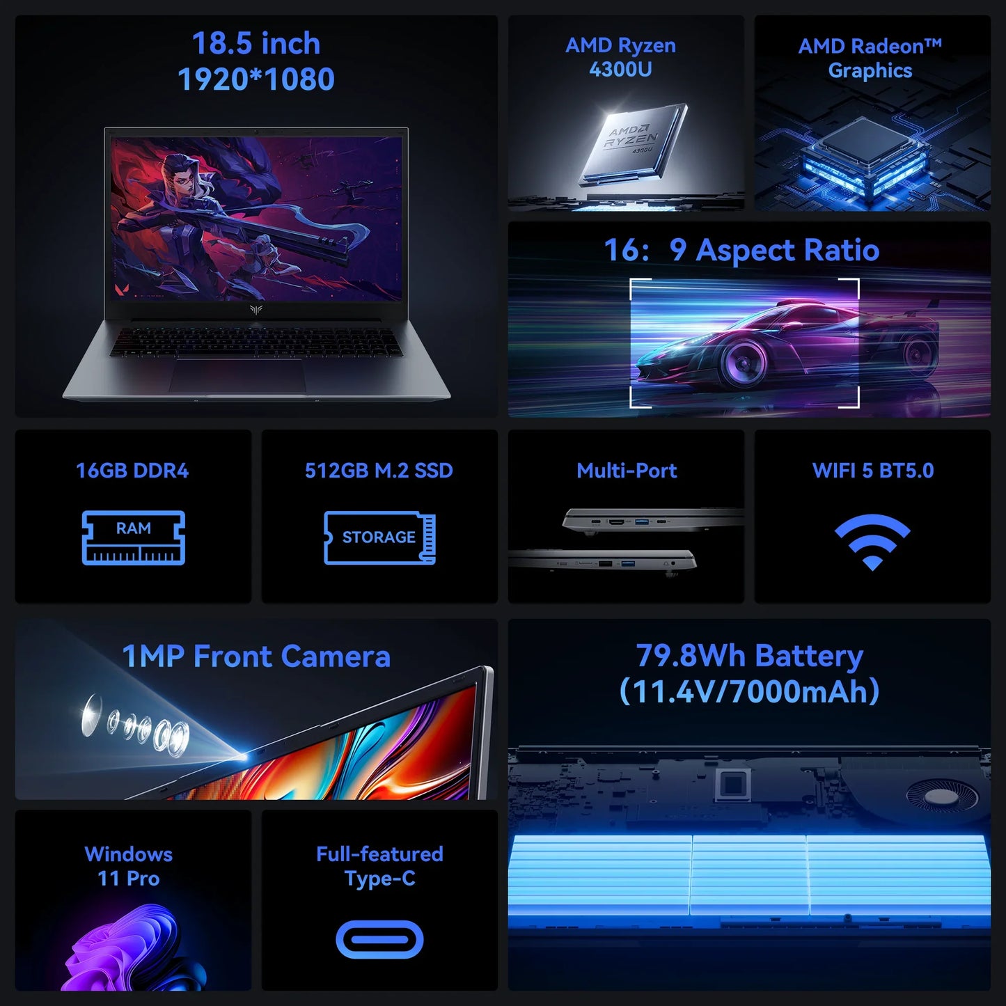 18.5" Laptop 16GB RAM 512gb SATA SSD AMD Ryzen 3 4300u Laptop Computer
