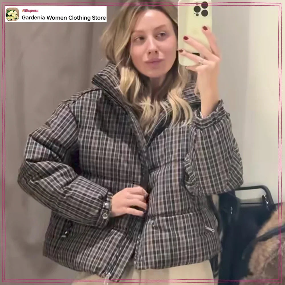 Stylish Plaid Puffer Anorak for Women Winter Brown Padded Jackets High Neck and Long Sleeves Zipper Outwears with Adjustable Hem