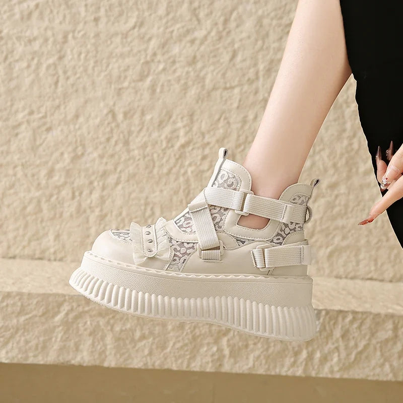 Lace Thick Bottom Sneaker Pumps Belt Buckle Elegant Fashion Comfortable Sexy Genuine Leather Women Shoes Round Toe New Hot Girls