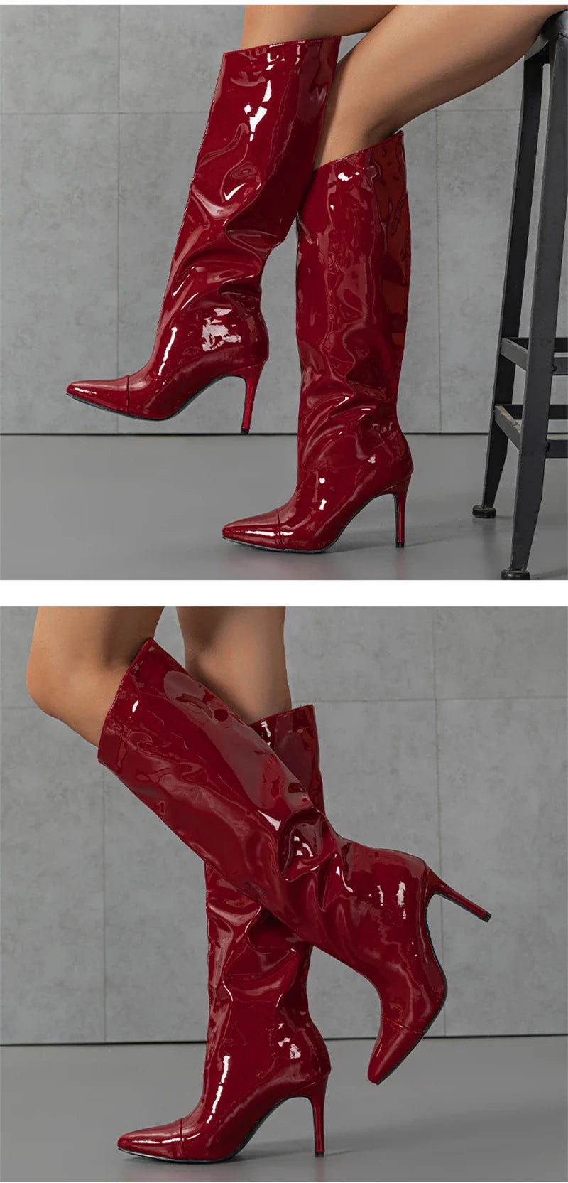 Liyke Fashion Runway Pleated Patent Leather Boots Female Pointed Toe Stiletto Heels Pumps Autumn Winter Knee High Shoes Women
