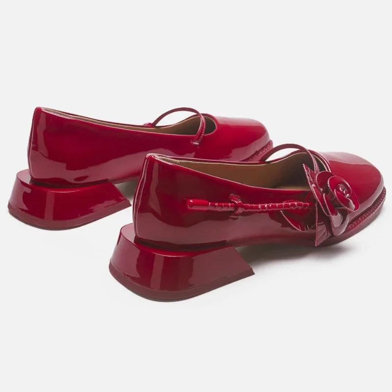 Lacquer Leather Mary Jane Shoes Women Flower Designer Women Shoes Shallow Fashion Square Toe Elegant Chunky Retro Pumps Female