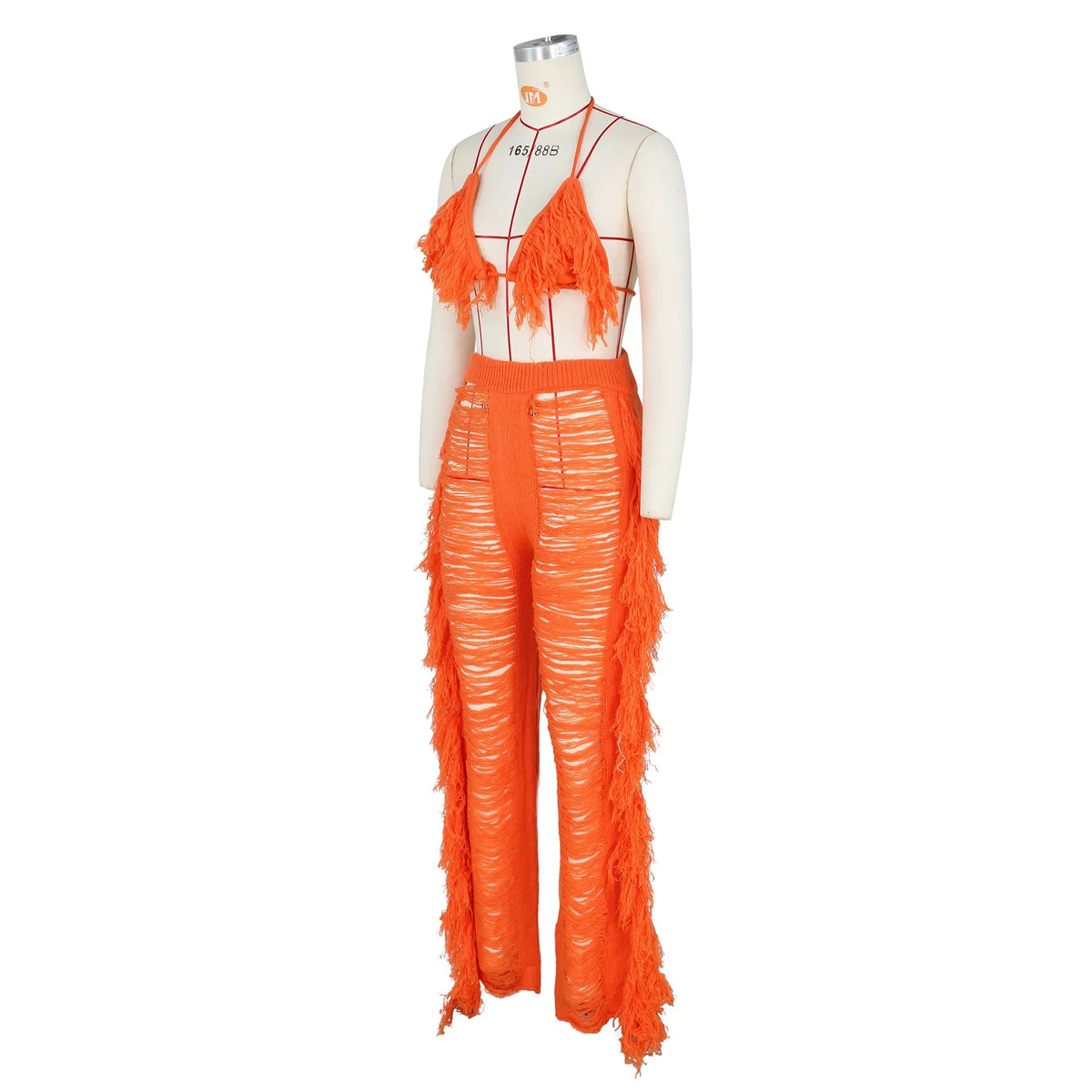 DEKAWomen Tassel Pants Knitted Bra Top Bikini Set Swimsuit Handemade Crochet Bikini Cover Up Tassel Beach Long Wrap Pant