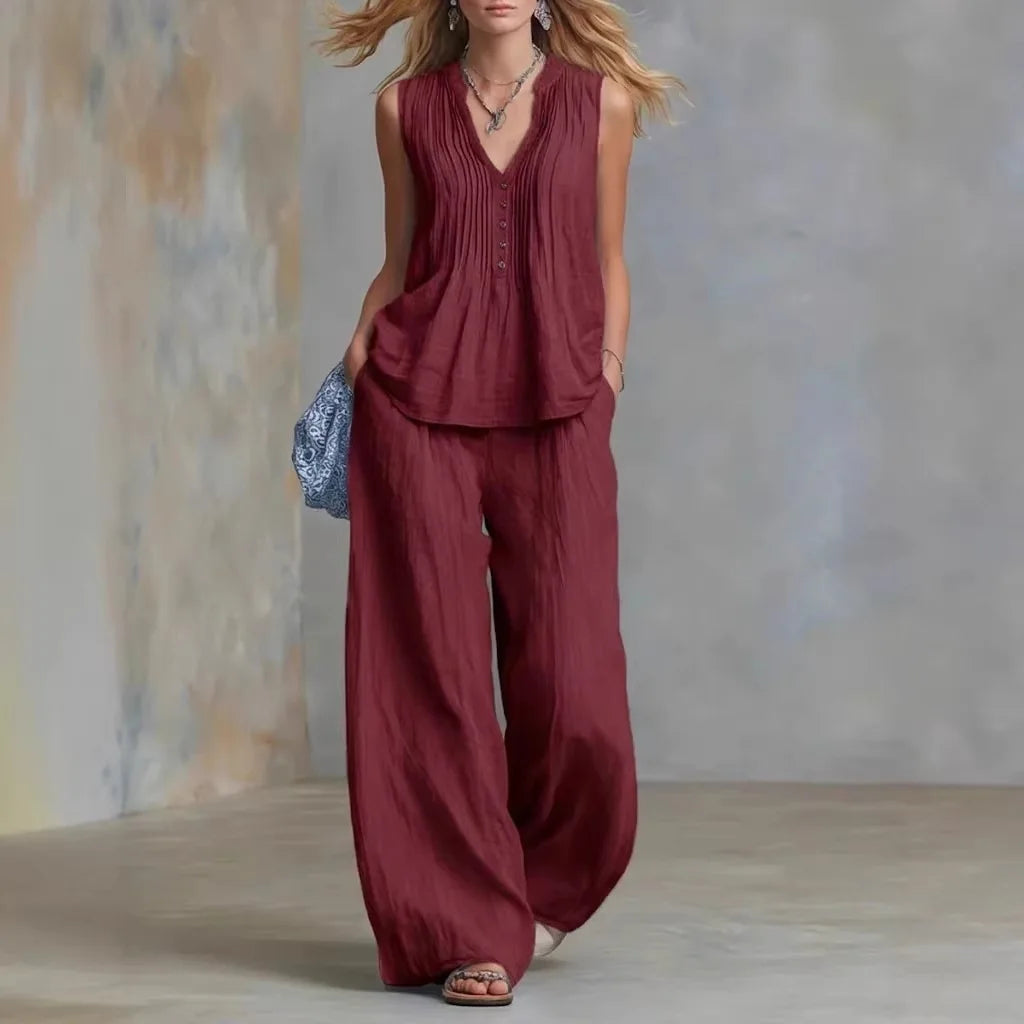 Women's Pullover Blouse And Pants Two-piece Set Women's V-Neck Vest Top Summer Suit Elastic Waist Trousers Lady Sets Outfit 2026
