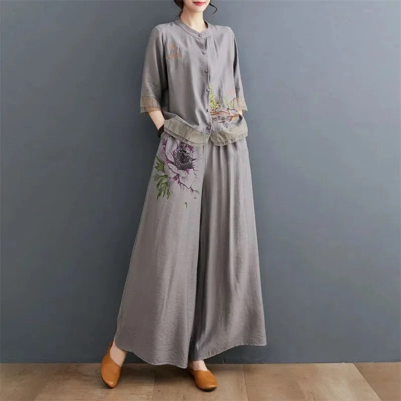 Ethnic style Pant Suit Women's Ramie Upper Garment Summer Cotton Linen Cardigan Embroidery Mother's Loose Two-Piece Set Female