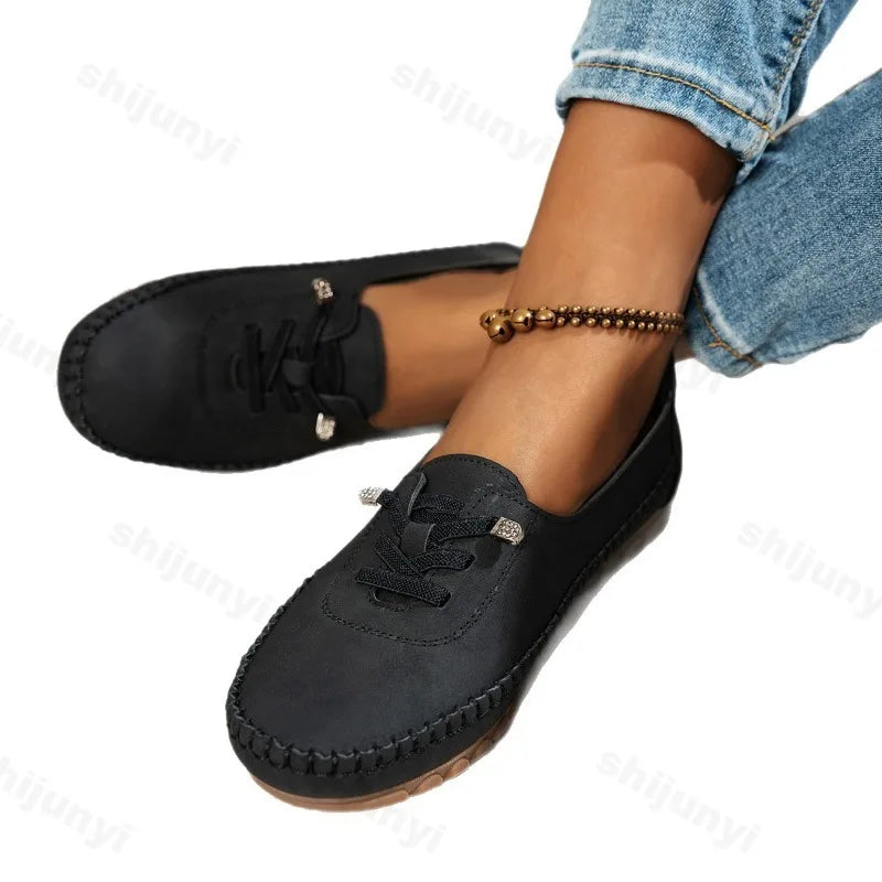 Women's Loafers Fashion Lace Up Comfortable Round Toe Soft Sole Flats Daily Walking Lightweight Versatile Slip on Casual Shoes