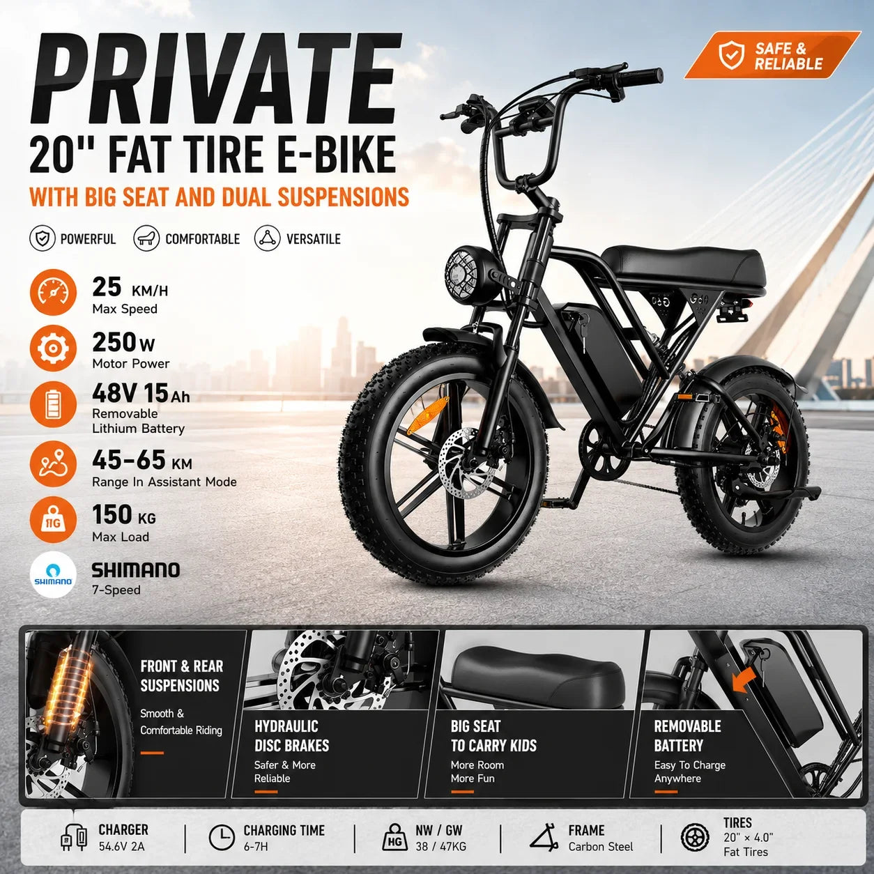 G60 E-Bike 1000W Adult Electric Bicycle 20” Fat Tire E-Bike 48V 15Ah Battery 45-55KM Range Dual Suspension 31MPH