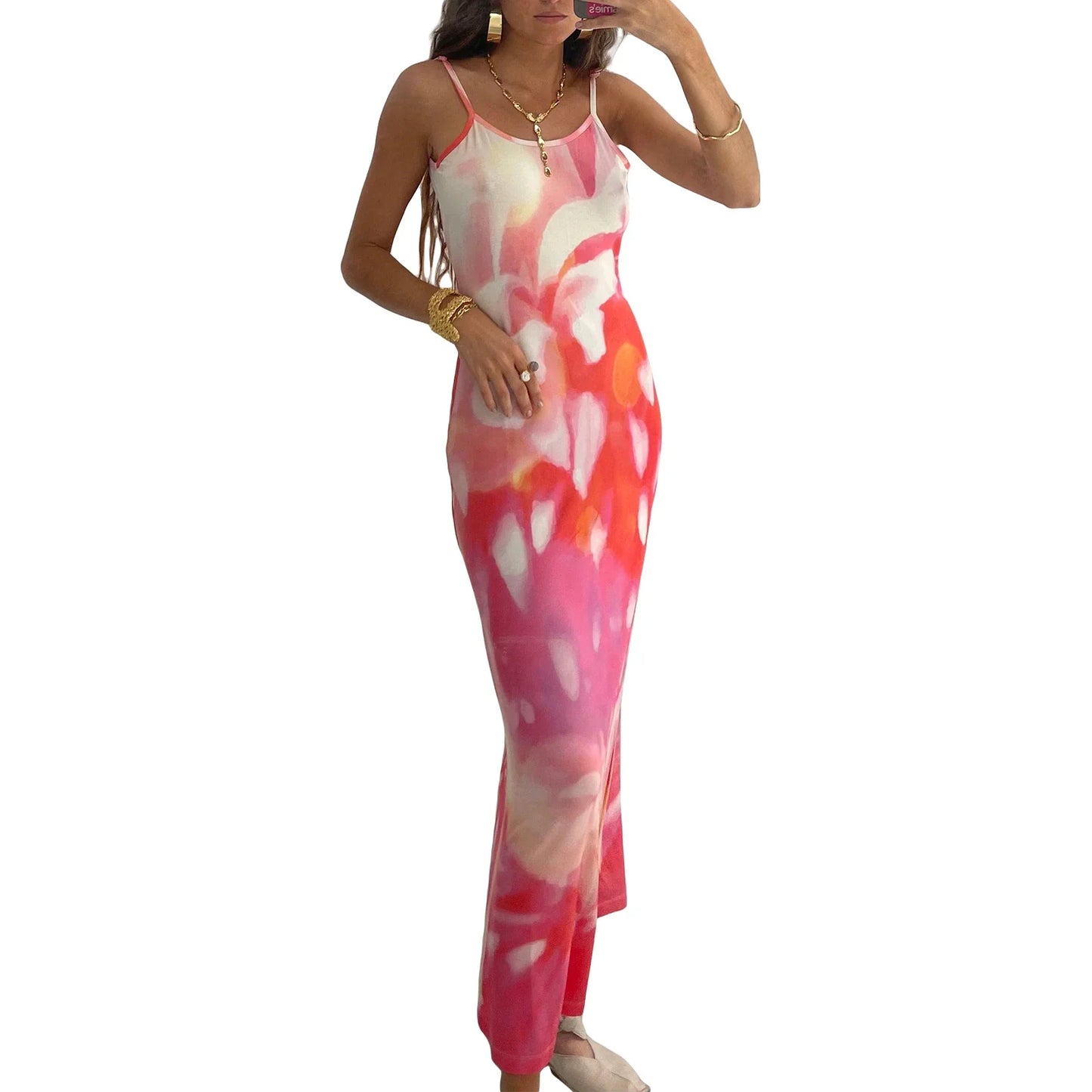 Summer Tie-Dye Floral Print Backless Party Dress Women Sleeveless Spaghetti Strap Sexy Bodycon Dress for Vacation Cocktail Beach
