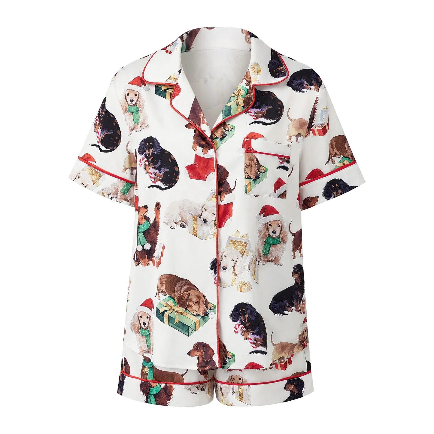 Women's Satin Christmas Pajama Set Short Sleeve Lapel Christmas Elements Print Shirt Shorts Two Pieces Sleepwear
