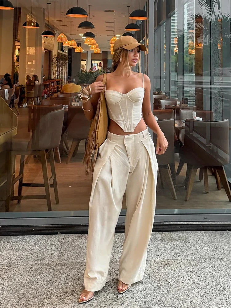 Fashion Slim Fishbone Corset Pant Set Women Sexy Slim Sleeveless Backless Crop Top Wide Leg Pants 2026 Summer Lady Solid Outfit