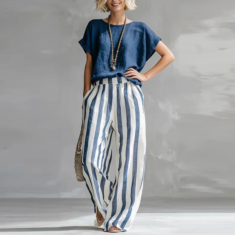 Vintage Women Two Piece Set O Neck Loose Short Sleeve Women T-Shirts Striped Printed Pants Suit Women Summer Casual Outfits