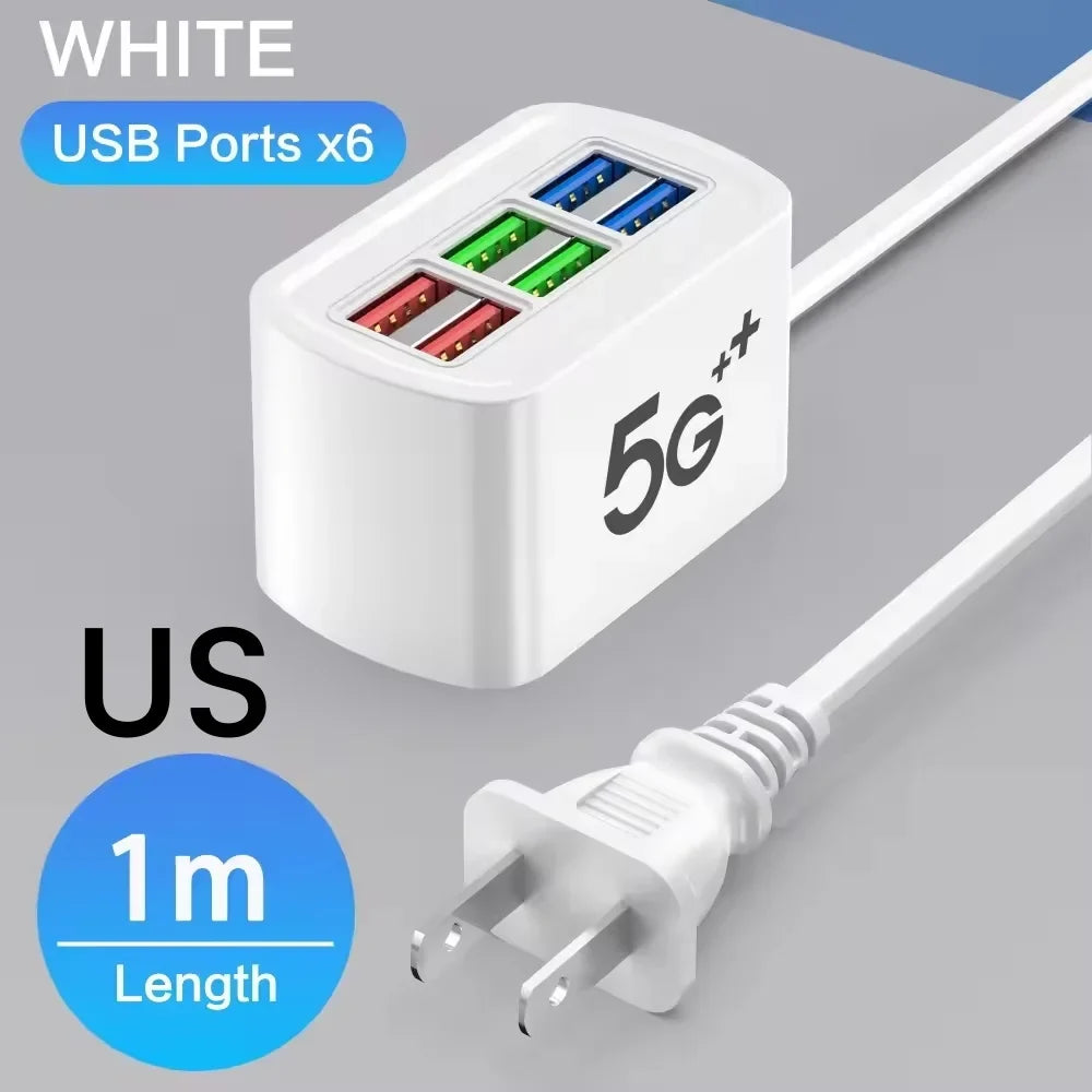 Elough 6 USB Charger Power Strip Desktop Fast Charging EU/US Plug Wall Phone Charger Adapter Electric Socket HUB Splitter 1M
