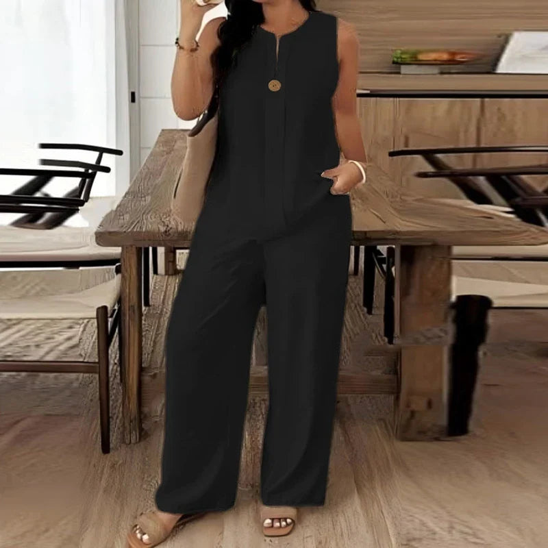 Summer O Neck Button Vest Shirt Wide Leg Pants Suit Women Casual Two Piece Set Solid Color Comfortable Holiday Outfits White