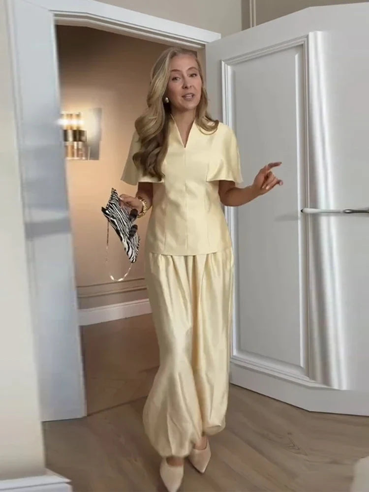 Elegant Women's Top Pant Sets Summer V-neck Short Sleeve Top High Waist Wide Leg Pant Female Suit 2026 Fashion Lady Suits