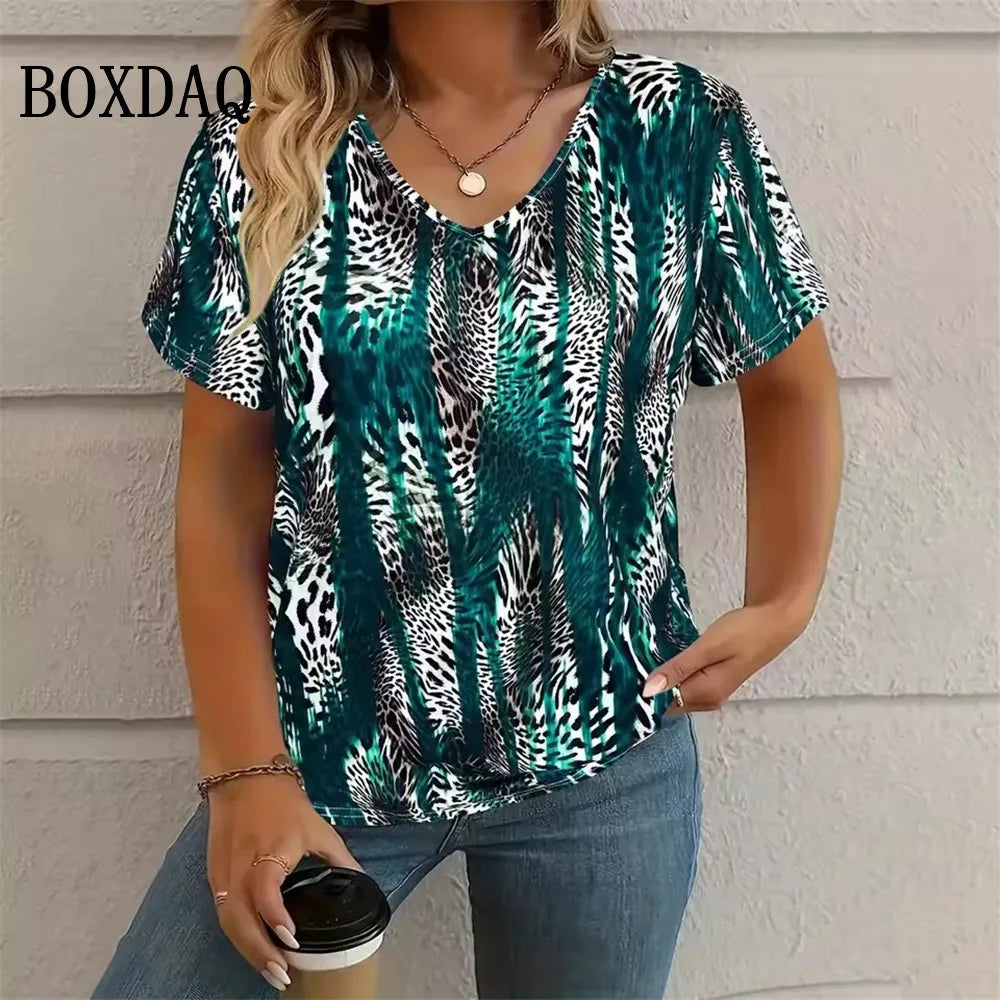 Summer Vintage Leopard 3D Print T-Shirt Women Streetwear Casual T Shirts Plus Size Tops Woman Loose V-Neck Tee Oversized Clothes