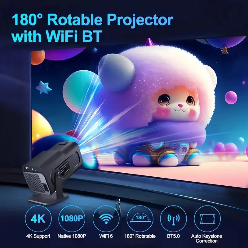 Smart Portable Projector Featuring Native 720P Resolution, Android 11 OS, Wi-Fi 6 And Bluetooth 5.4 Support, 180° Rotation, And Built-in Netflix And YouTube Apps.