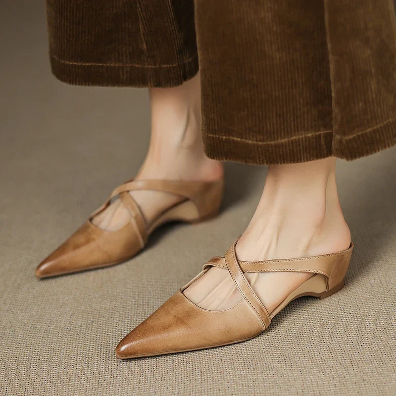 2026 New Summer Women Mules Genuine Leather Women Shoes Pointed Toe Low Heel Cover Toe Slingback Modern Slippers Ladies Shoes