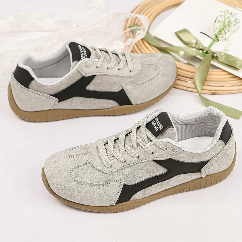 Fashion Gray Suede Flats Sneakers Women Non Slip Lace Up Platform Sneakers Woman Comfortable Thick Sole Sports Running Shoes