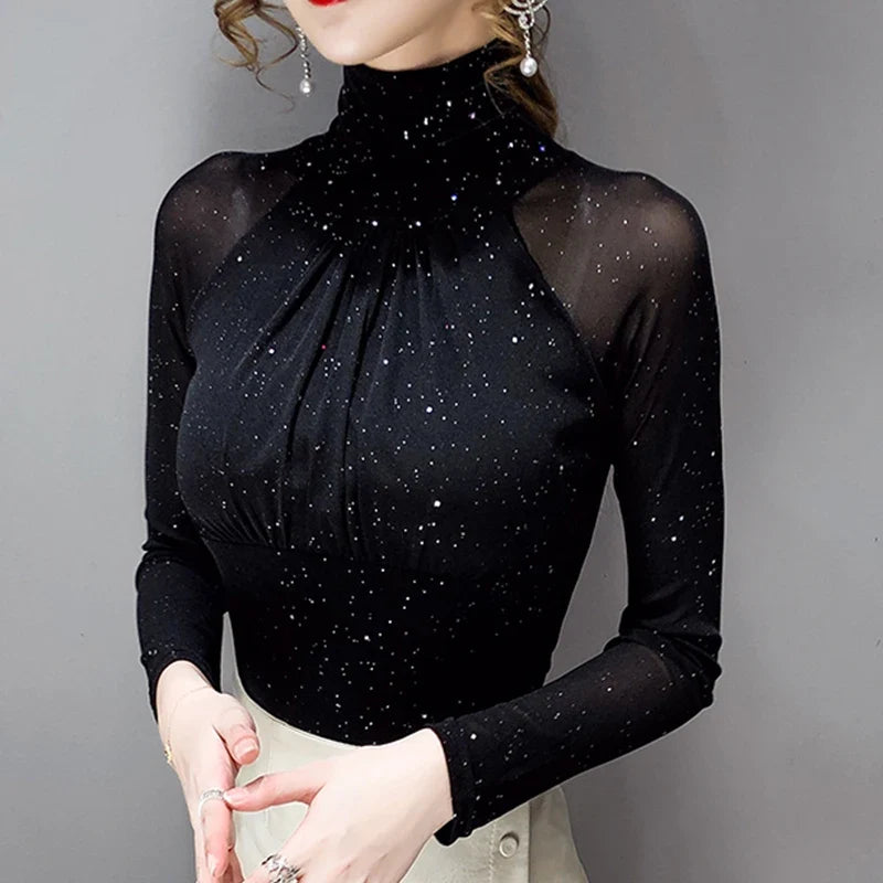 Korean fashion Women Mesh top High neck Sexy Black bottoming t shirt Casual Bright silk Lady shirt Blusa