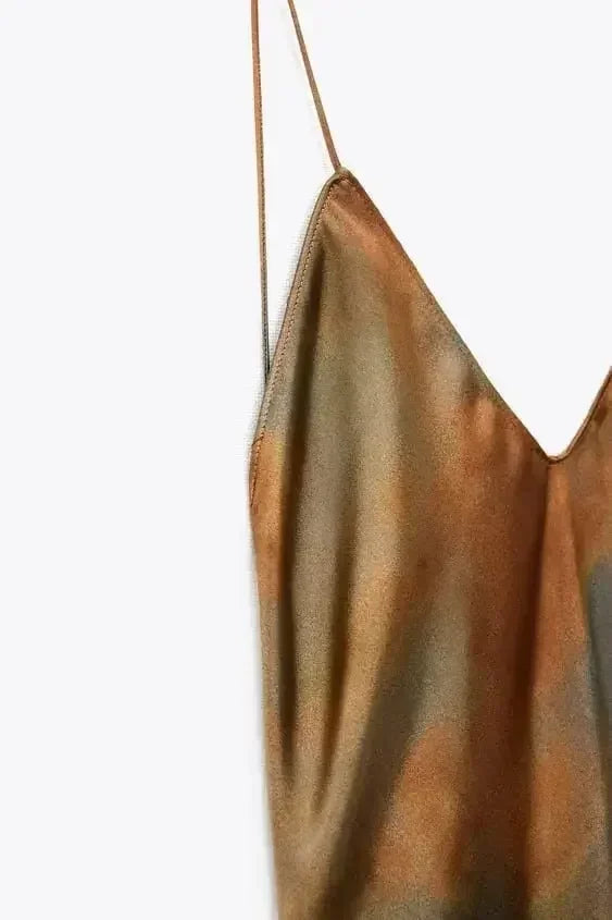 2025 Summer New Women's Open Back Sleeveless Dress Fashion Satin Mid Length Dress Printed Sexy V Neck Sling Dress