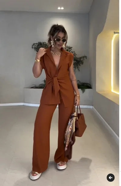 Fashion Solid Color Pants Sets Women Three-point Sleeve Leace-up Shirts Trousers Two Piece Set Simple All-match Lady Clothing