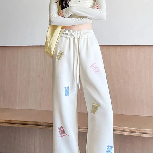Pantalones fruncidos bordados con osos kawaii