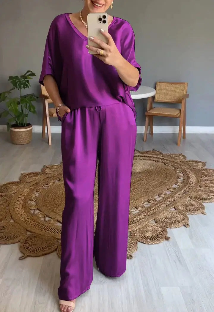 Summer Short-sleeved T-shirt Two-piece Set For Women V-neck Top Pullover Wide-leg Pants Suit For Women Spring Loose Satin Suit