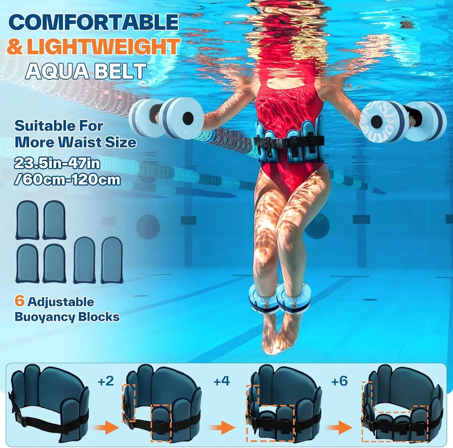 Set de 6 piezas de Aqua Fitness – Cinturón de natación, tobilleras y equipo de ejercicio acuático para terapia en piscina