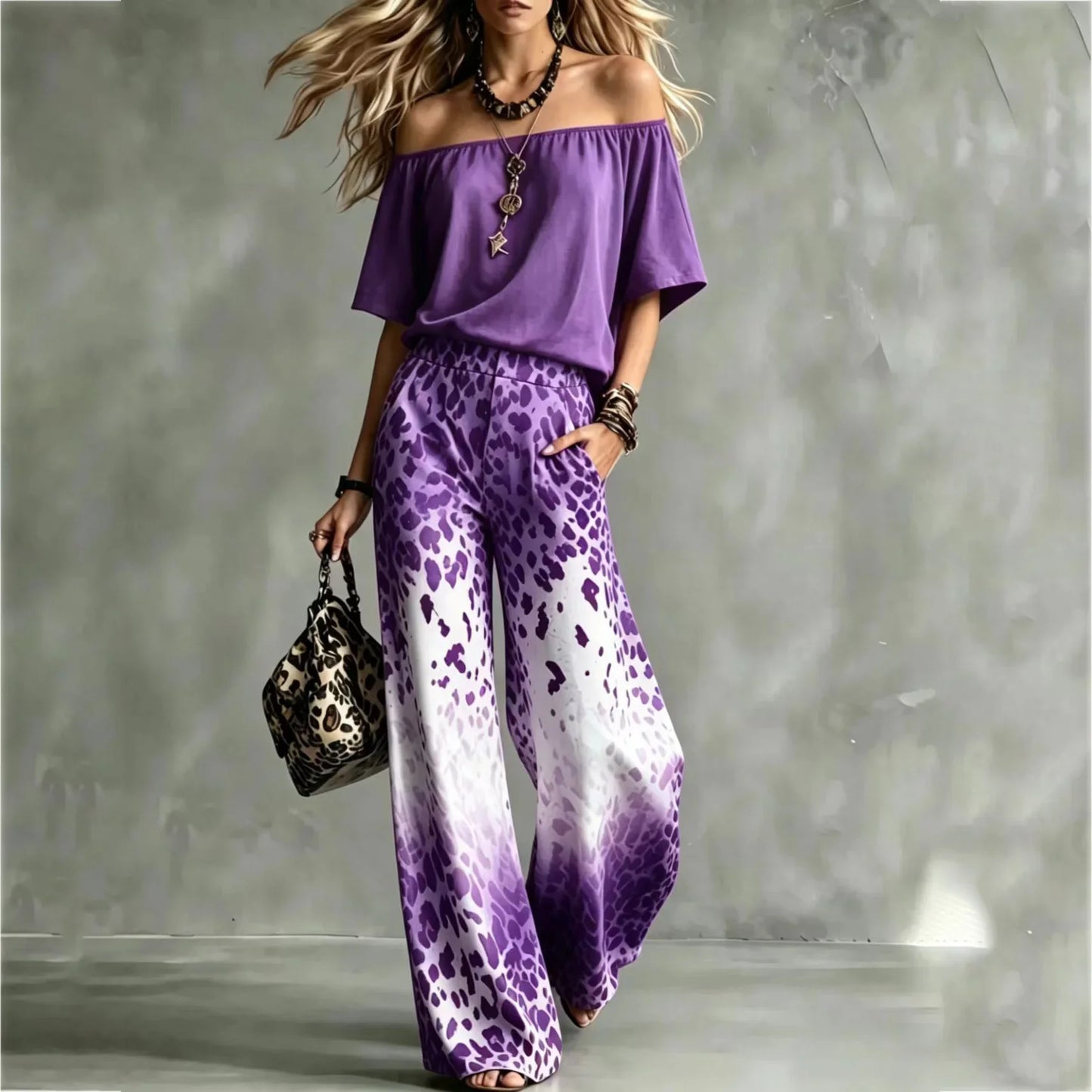 Summer Women Off Shoulder Short Sleeve Top Gradient Leopard Print Wide Leg Pants Two Piece Boho Casual Fashion Matching Suit New