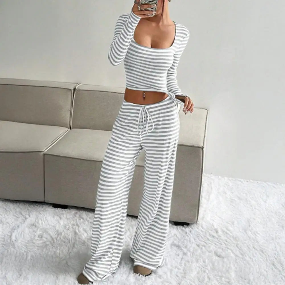 Women's Striped 2 Piece Outfits Long Sleeve Square Neck Cropped Top Drawstring Wide Leg Pants Set Casual Lounge Lady Sweatsuits