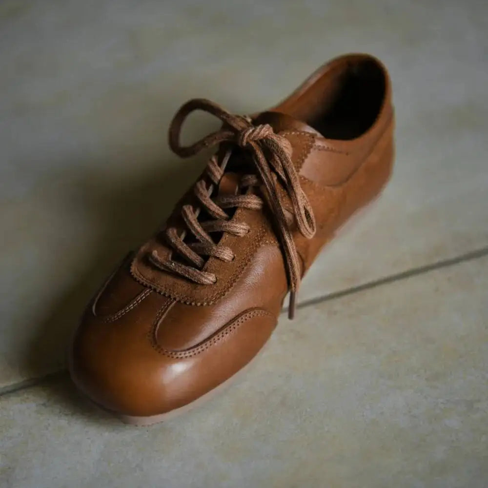 Leather Retro Women's Deqin Shoes Spring Autumn New Style Versatile Square Head Flat Bottom Genuine Leather Sports Shoes