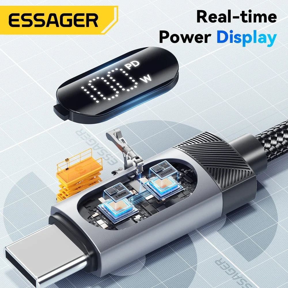 Essager Digital Dispaly USB C Cable For iPhone 17 16 15 Xiaomi Huawei 100W PD Fast Charging For Macbook iPad Type C to C Cable