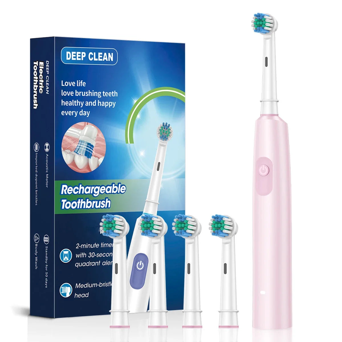 Electric Rotating Toothbrush Deep Clean Whitening Teeth for Adult Rechargeable Toothbrush with 4/8pcs Replacement Heads