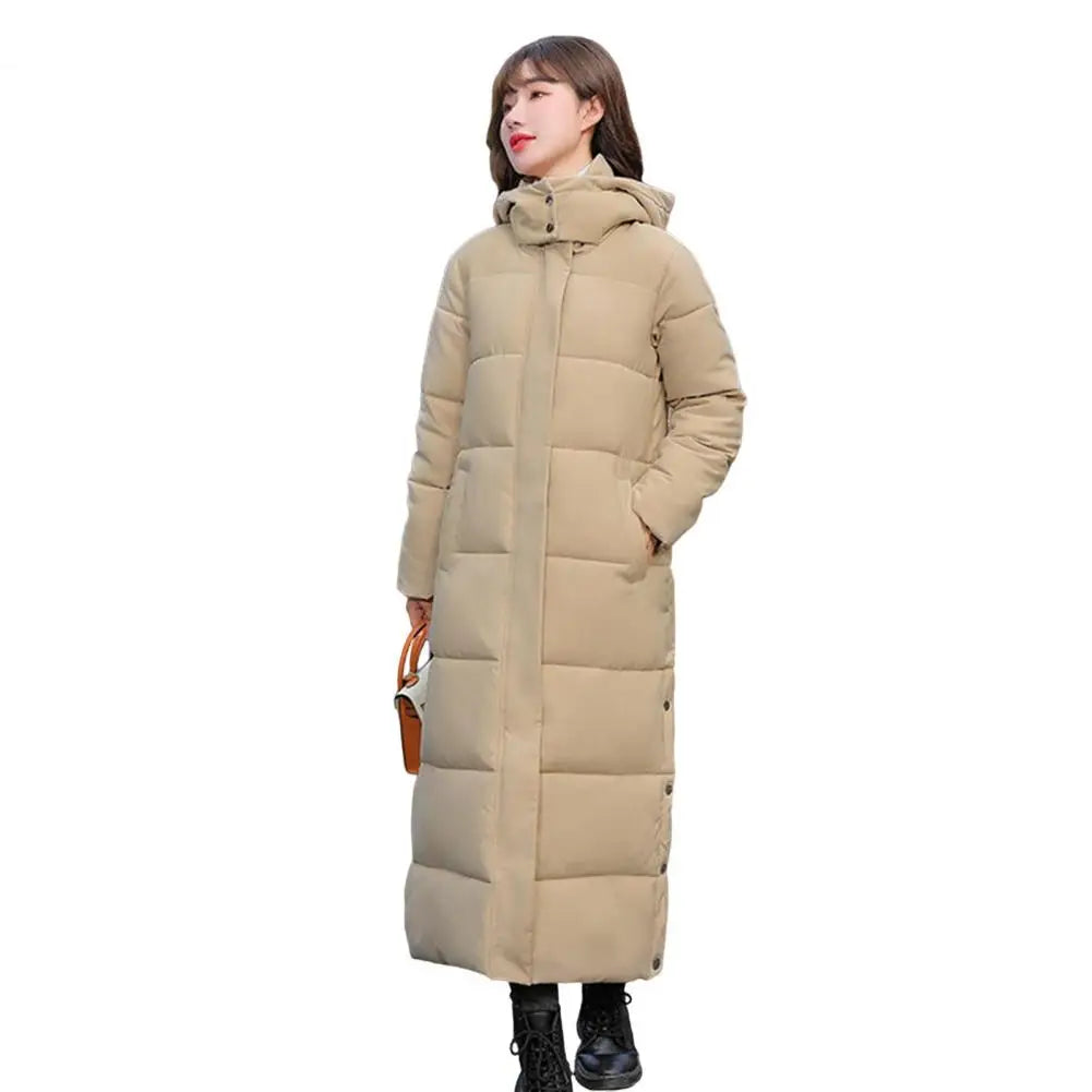 2024 Oversized Coat Hooded Long Sleeve Pockets Side Slit Hem Down Jacket Pockets Thickened Long Warm Down Cotton Outwear