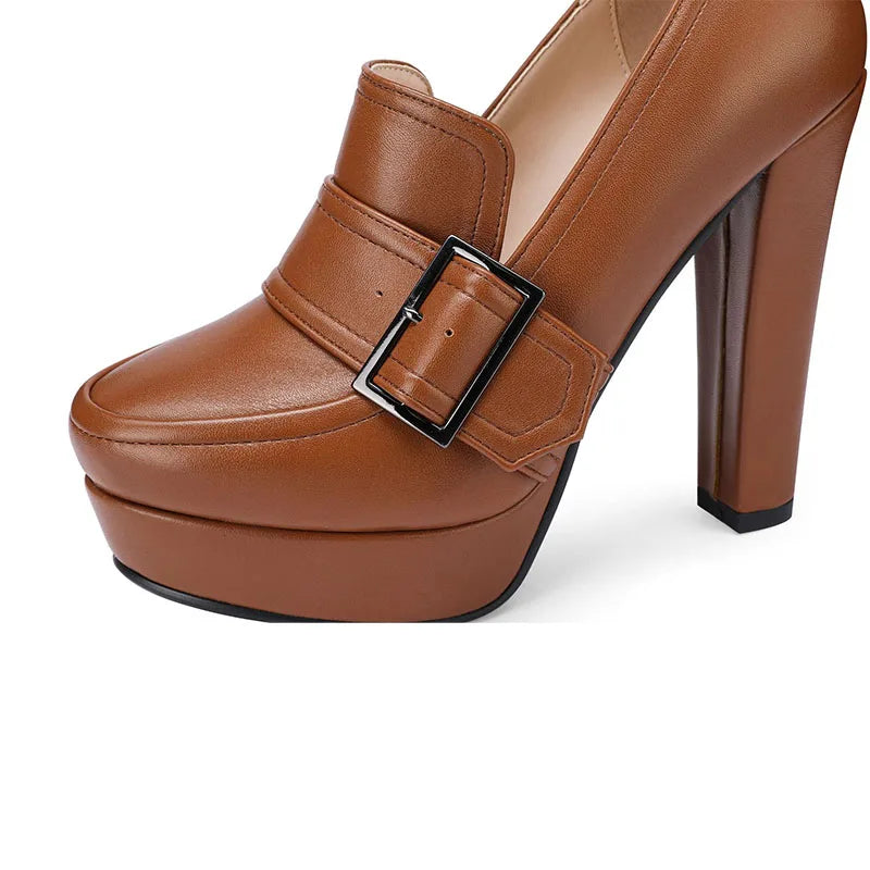 Round Toe High Heel Belt Buckle Women Single Shoes 2024 New Black Brown Spring  Autumn Waterproof Platform High Heels Size 34-43