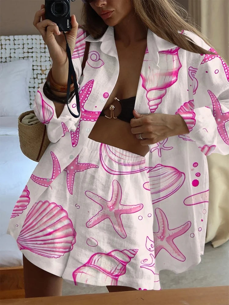 Summer Fashion Print Beach Holiday 2-Piece Set Women Long Sleeve Shirt Top+Wide Legs Short Women Oversized Two-Piece Outfit